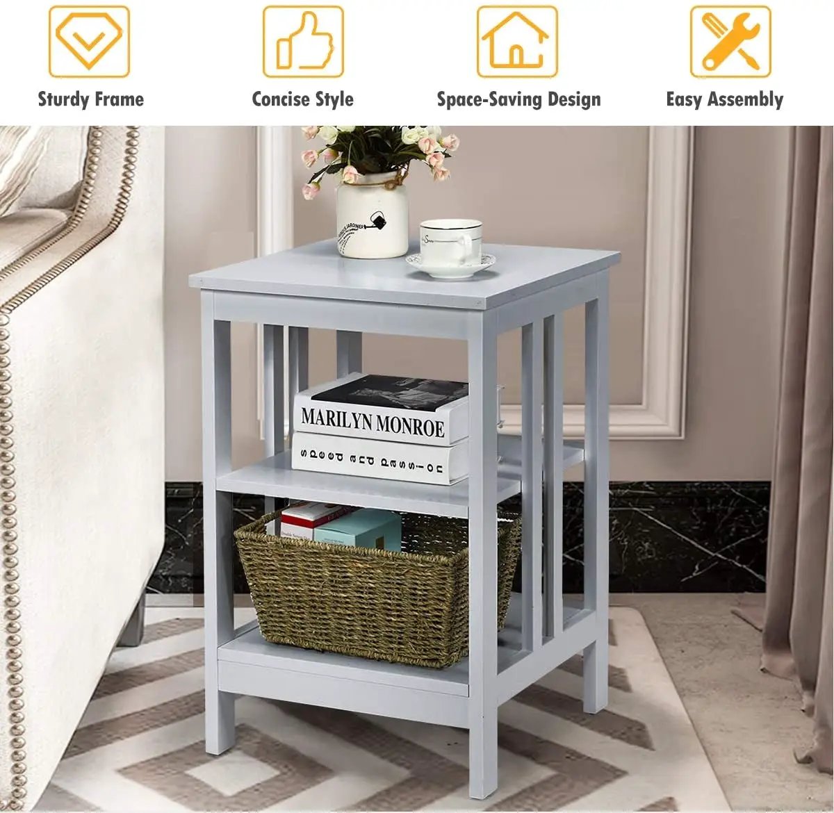 2 Pieces 3-Tier Nightstand with Reinforced Bars and Stable Structure, photo 6 of 32