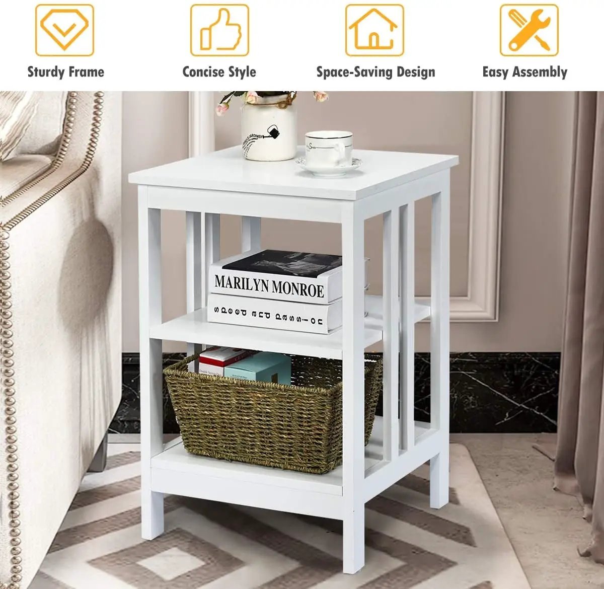 2 Pieces 3-Tier Nightstand with Reinforced Bars and Stable Structure, photo 19 of 32