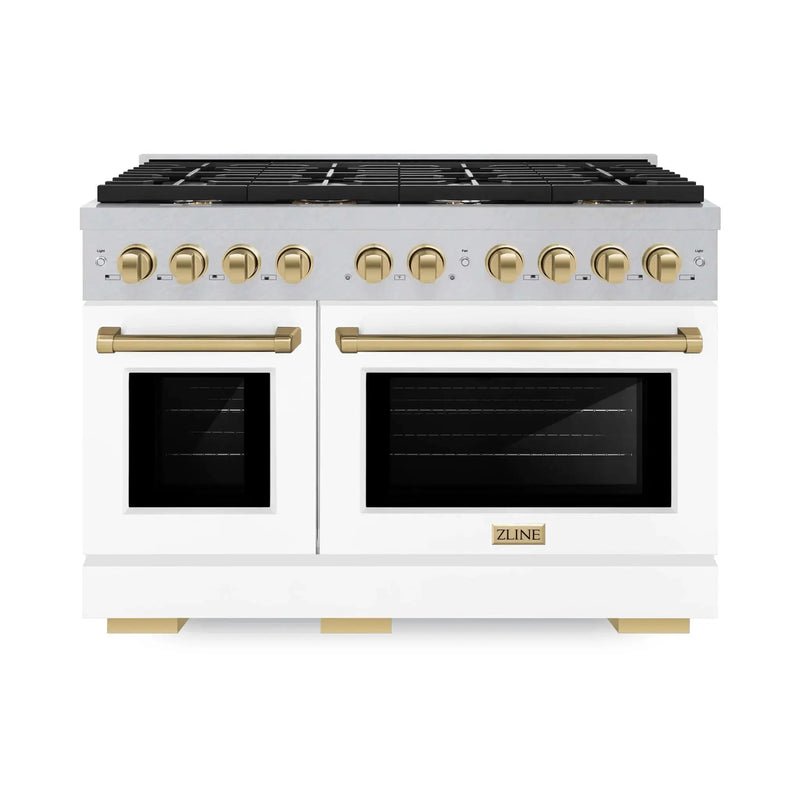 ZLINE 48"Paramount Dual Fuel Range DuraSnow® White Matte, Champagne Bronze SDRSZ-WM-48-CB by Farmhouse Kitchen and Bath