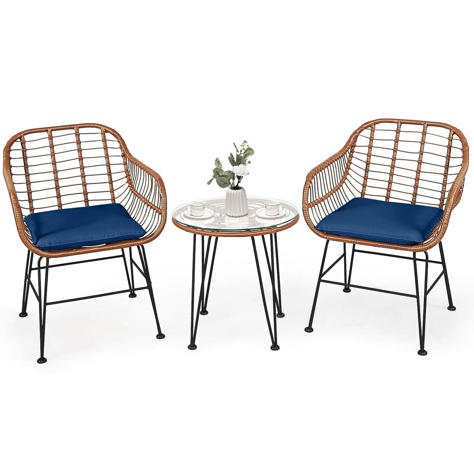 3 Pieces Patio Rattan Bistro Set with Cushion by DirectDeals
