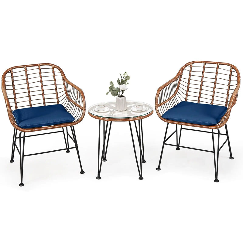 3 Pieces Patio Rattan Bistro Set with Cushion by DirectDeals