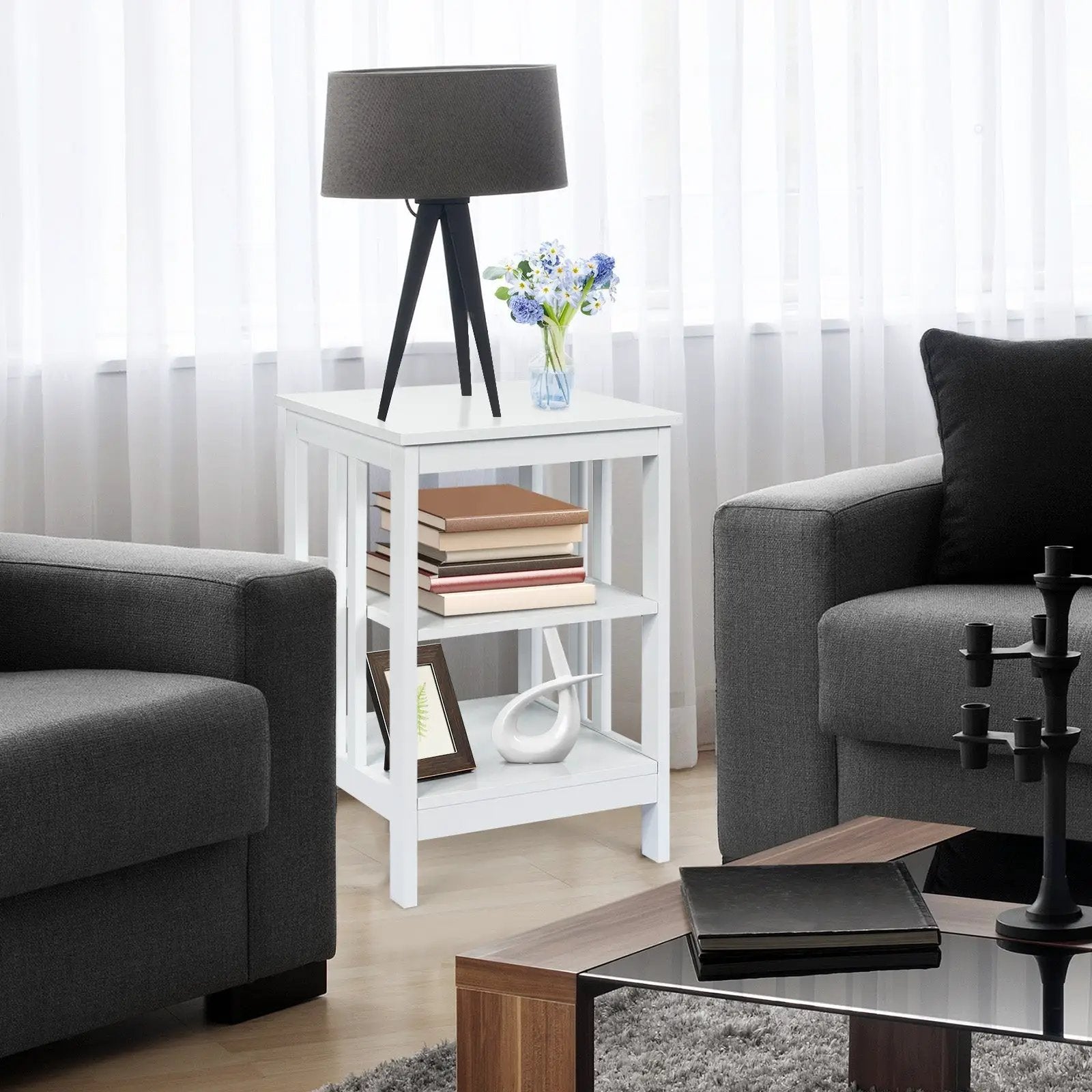 3-Tier Nightstand Sofa Side Table with Baffles and Round Corners by DirectDeals