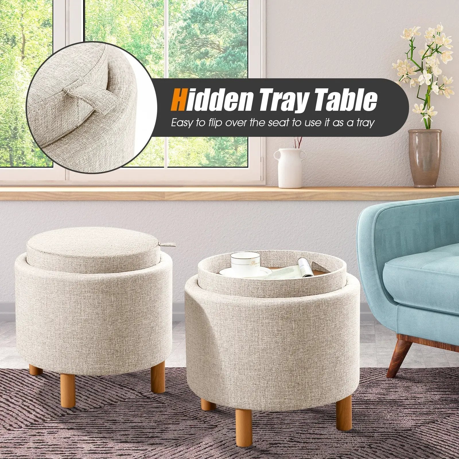 Round Fabric Storage Ottoman with Tray and Non-Slip Pads for Bedroom by DirectDeals