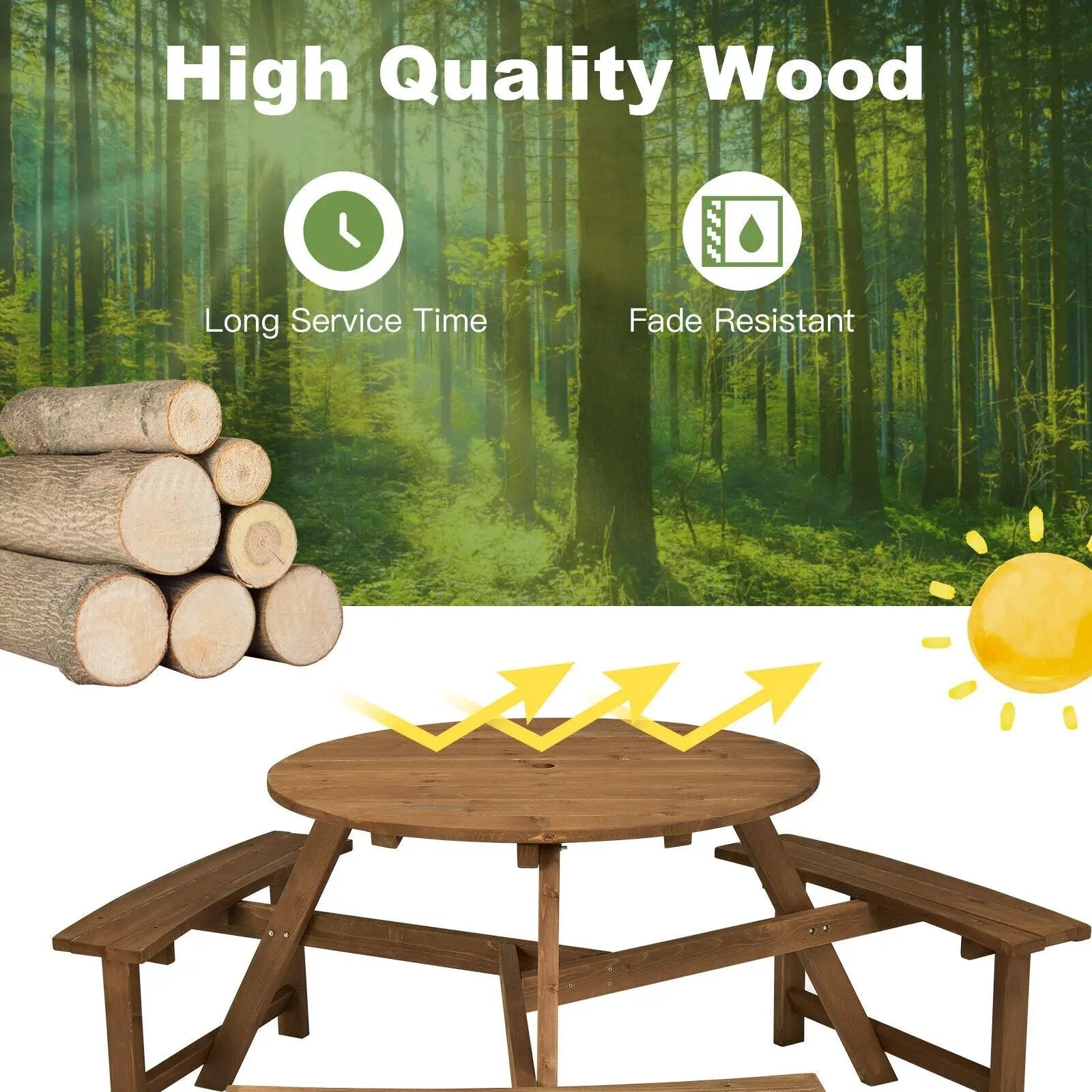 6-person Round Wooden Picnic Table with Umbrella Hole and 3 Built-in Benches-Dark Brown by DirectDeals