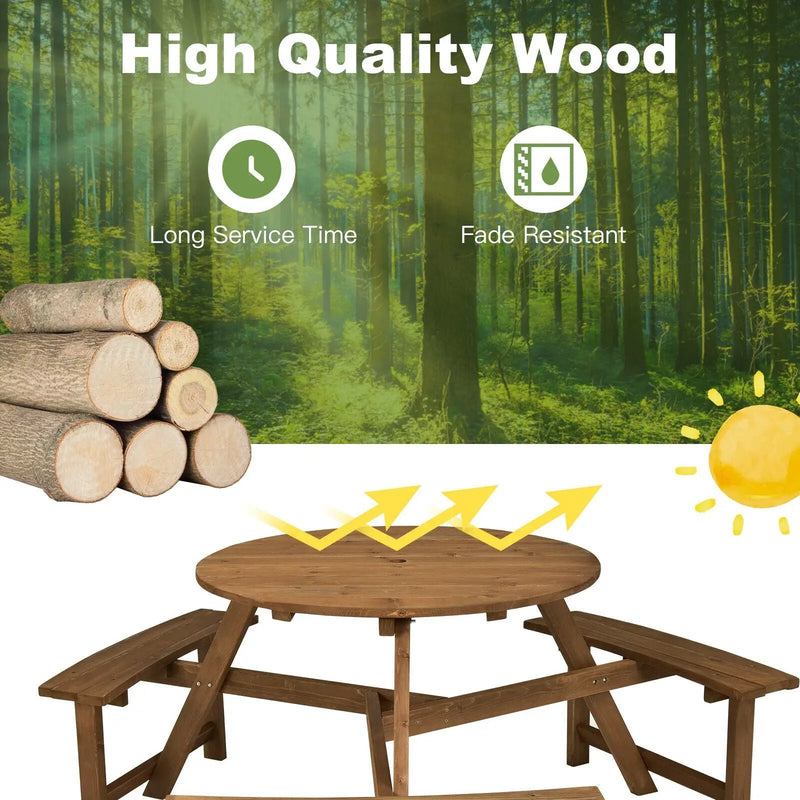 6-person Round Wooden Picnic Table with Umbrella Hole and 3 Built-in Benches-Dark Brown by DirectDeals