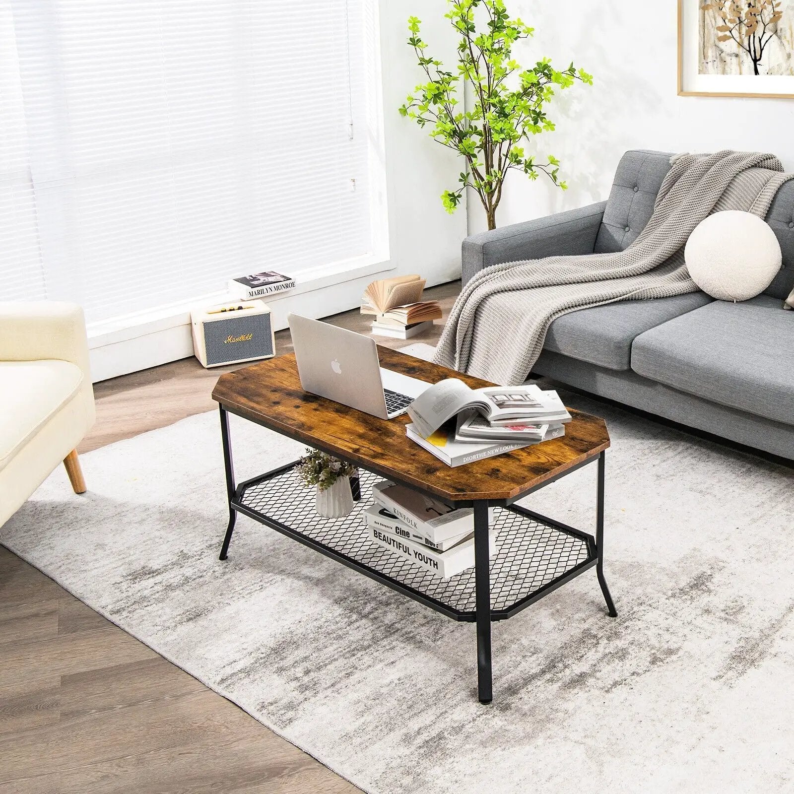 2-Tier Industrial Coffee Table with Open Mesh Storage Shelf for Living Room-Rustic Brown by DirectDeals