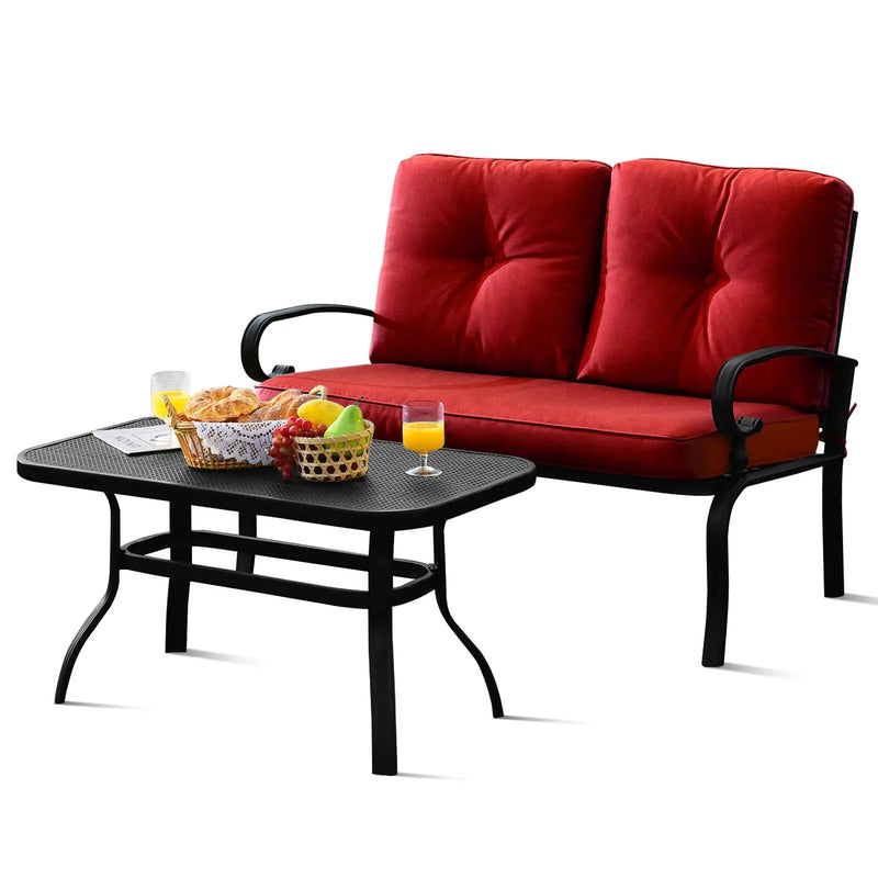2 Pieces Patio Loveseat Bench Table Furniture Set with Cushioned Chair-Blue by DirectDeals