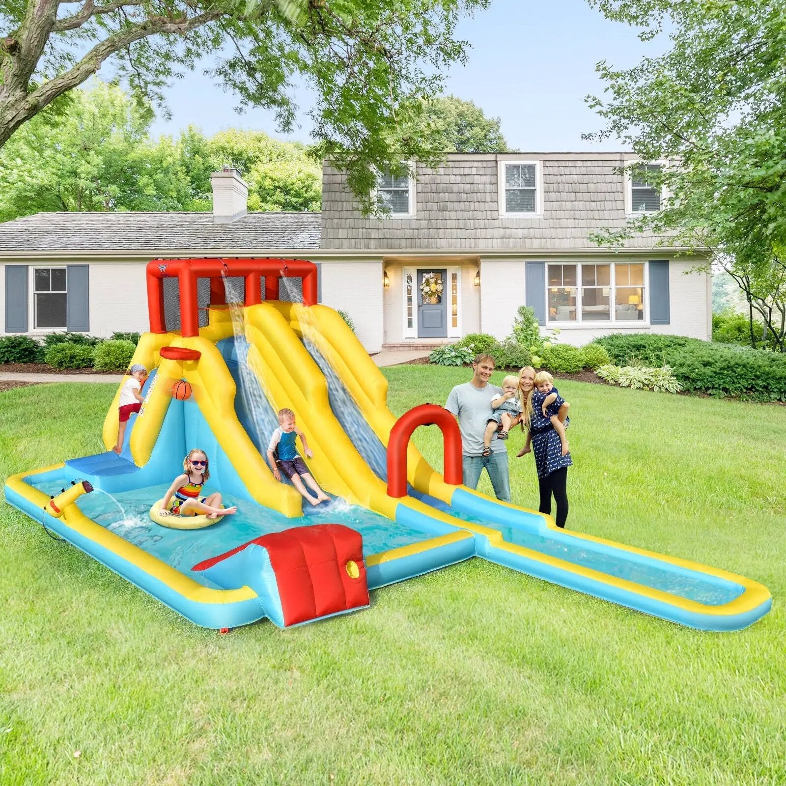Inflatable Dual Slide Water Park Climbing Bouncer with 735W Air Blower by DirectDeals