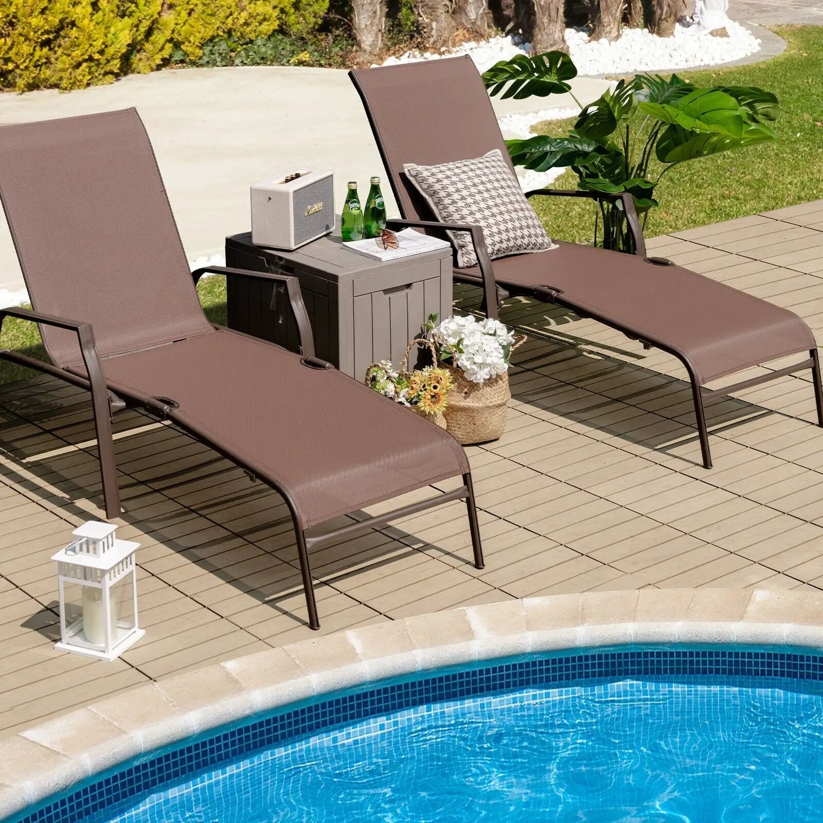 2 Pieces Patio Folding Chaise Lounge Chair Set with Adjustable Back-Brown by DirectDeals