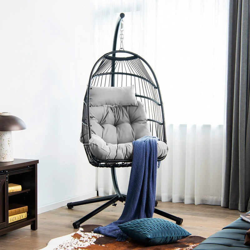 Patio Hanging Egg Chair with Stand Waterproof Cover and Folding Basket-Gray by DirectDeals