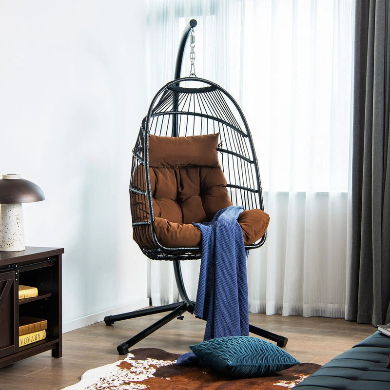 Patio Hanging Egg Chair with Stand Waterproof Cover and Folding Basket-Brown by DirectDeals