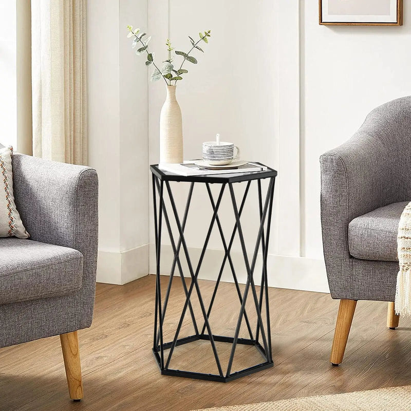 Hexagonal Accent End Table with Tempered Glass Top and Metal Frame by DirectDeals