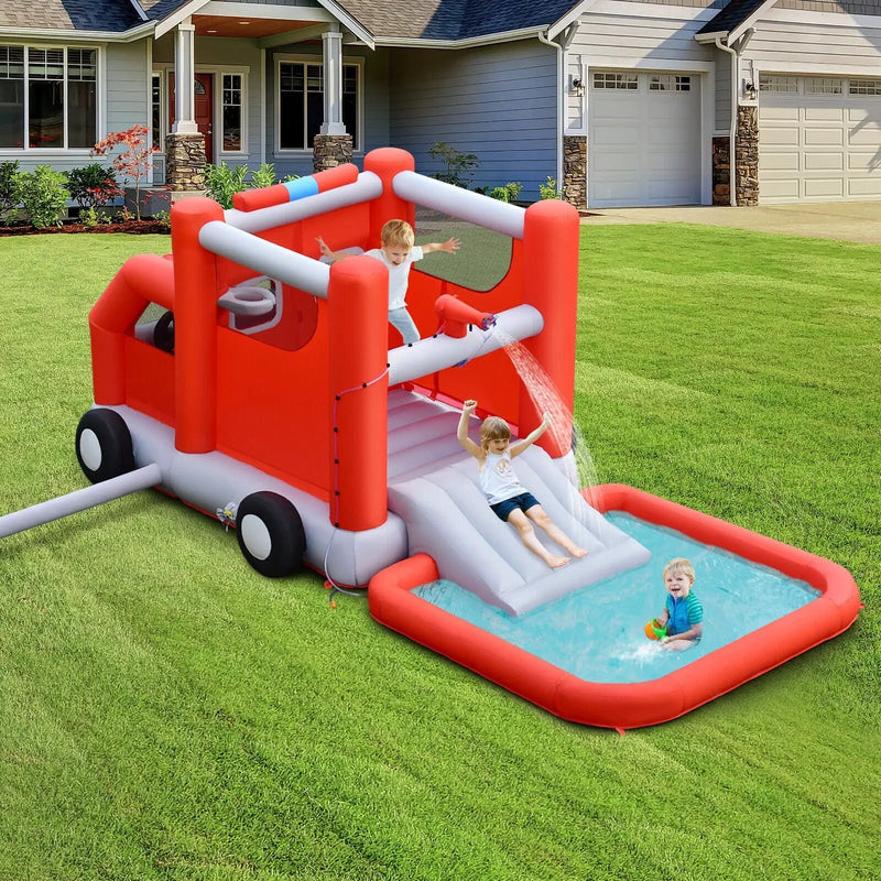 Fire Truck Themed Inflatable Castle Water Park Kids Bounce House without Blower by DirectDeals