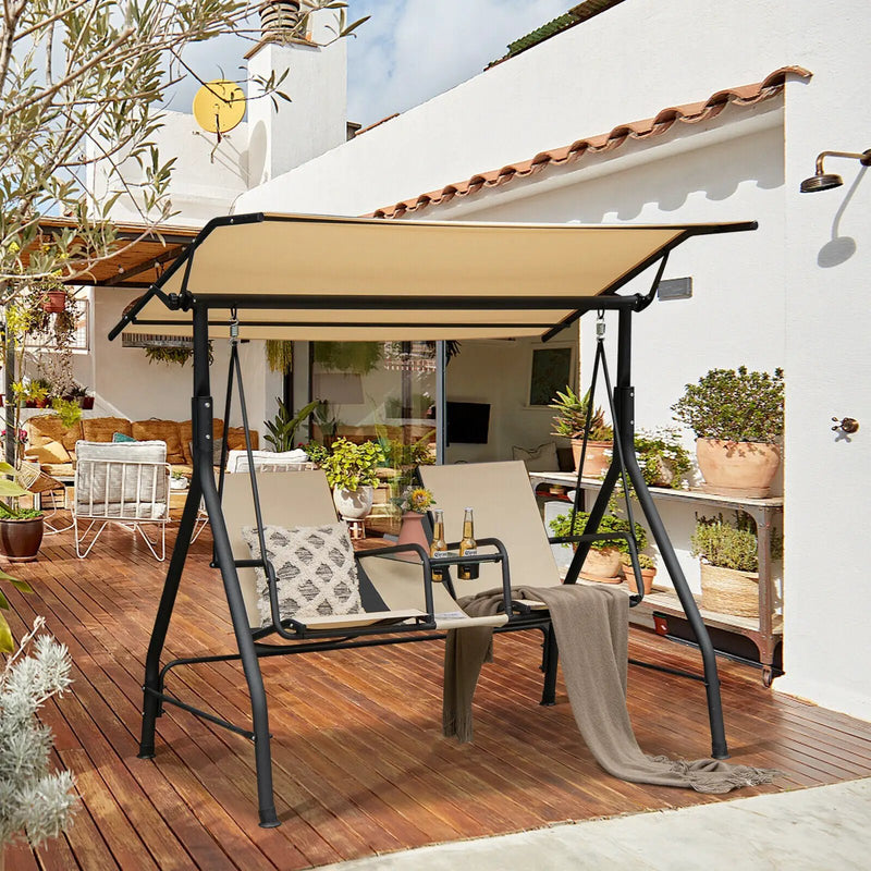 2-Seat Outdoor Cushioned Porch Swing with Adjustable Canopy and Tempered Glass Table-Beige by DirectDeals
