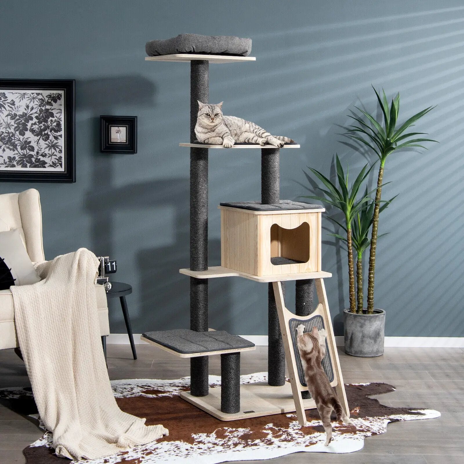 5-Tier Modern Wood Cat Tower with Washable Cushions-Gray by DirectDeals
