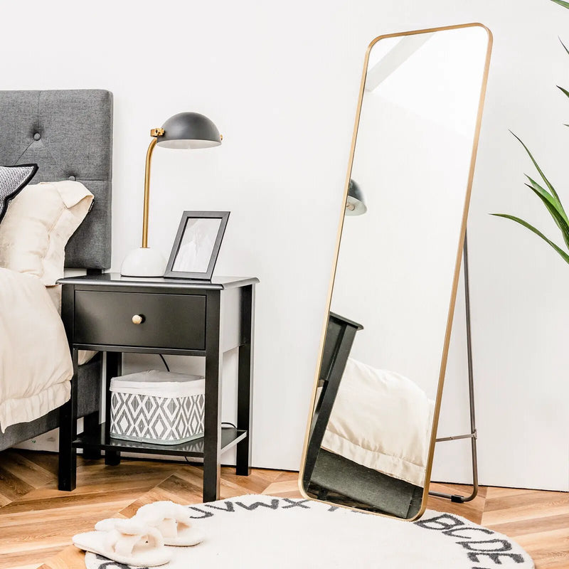Full Length Wall Mounted Body Mirror with Free Standing Stand-Golden by DirectDeals