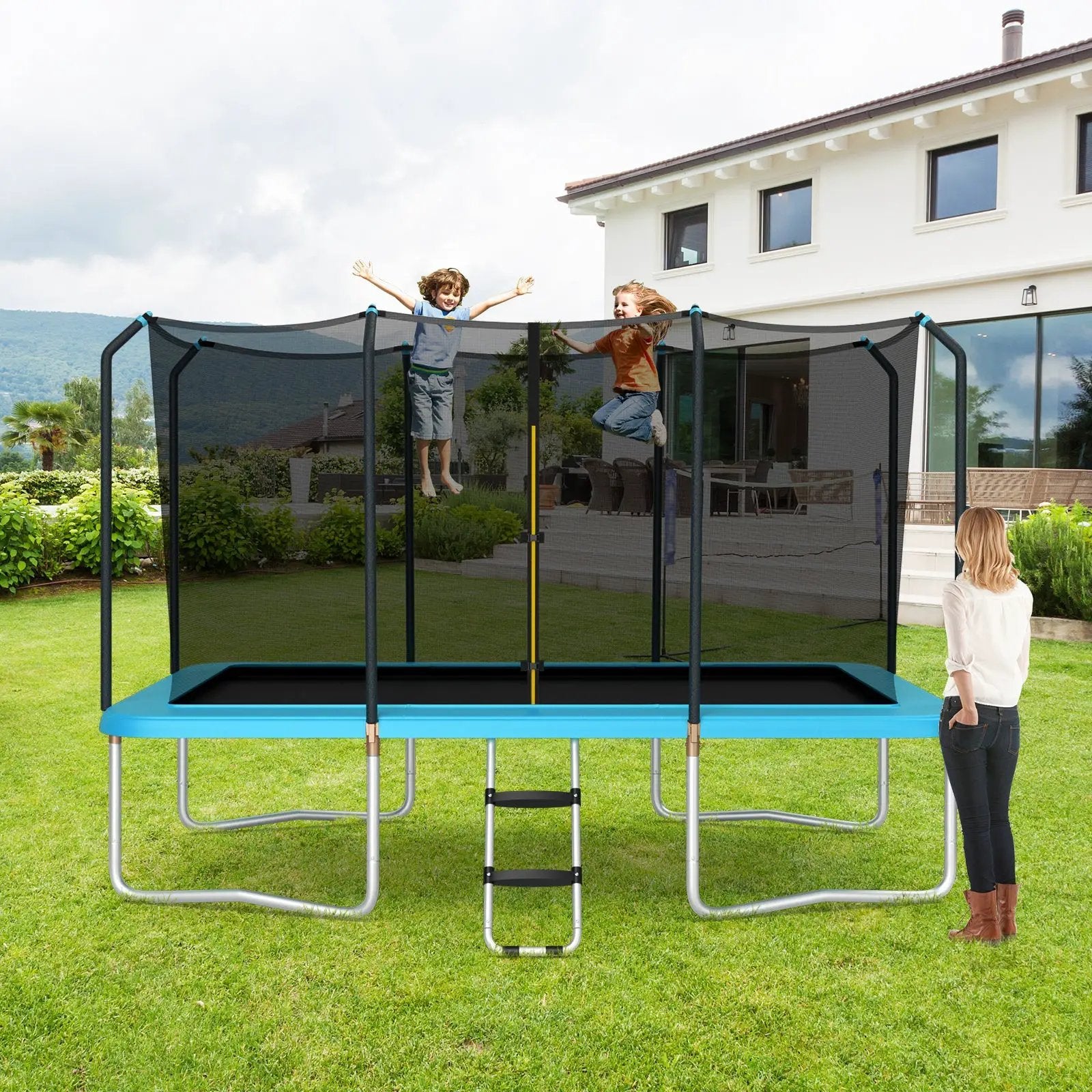 8 x 14 Feet Rectangular Recreational Trampoline with Safety Enclosure Net and Ladder by DirectDeals