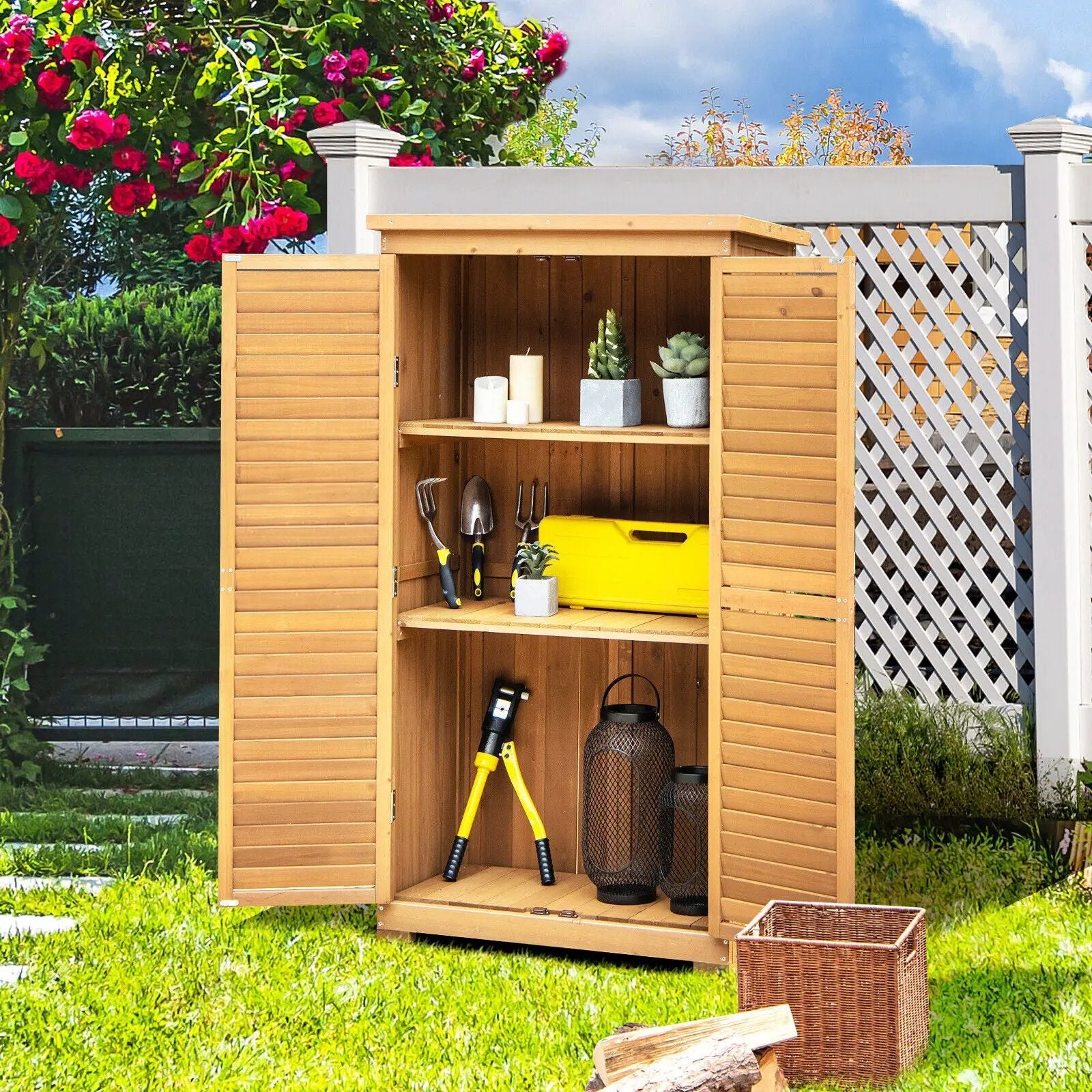 Outdoor Wooden Garden Tool Storage Cabinet-Natural by DirectDeals