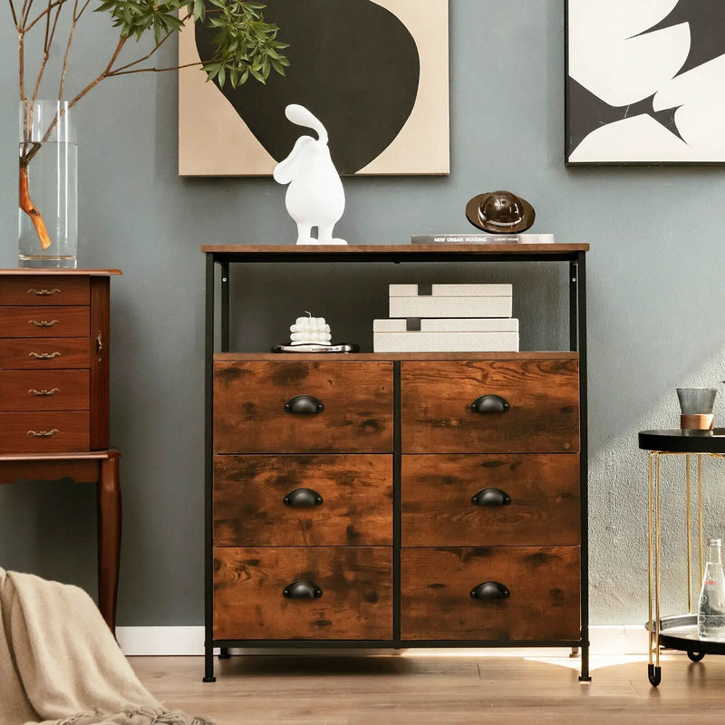 2-Tier Storage Chest with Wooden Top and 6 Fabric Drawers-Rustic Brown by DirectDeals