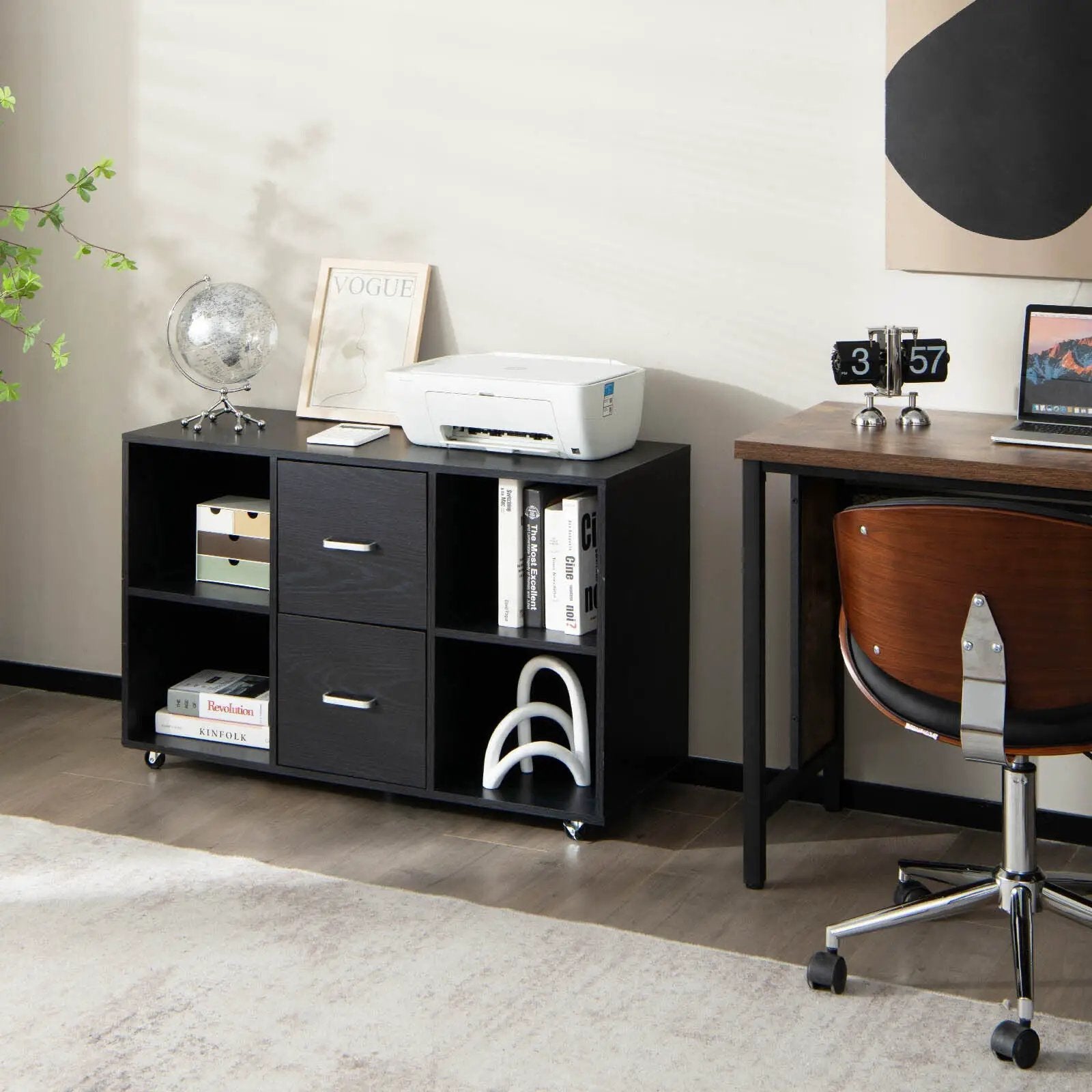 2 Drawer Wood Mobile File Cabinet with 4 Open Compartments-Black by DirectDeals