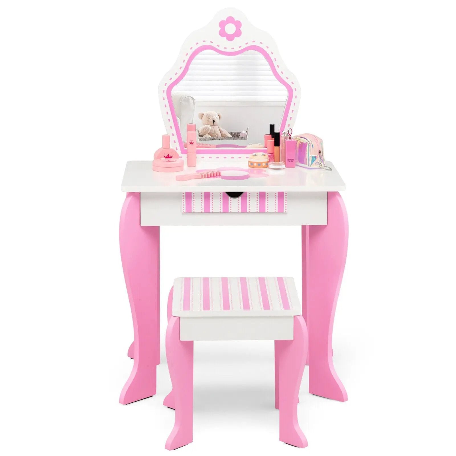 2-in-1 Toddler Vanity Set with Detachable Top & Cute Flower Patterns-White by DirectDeals