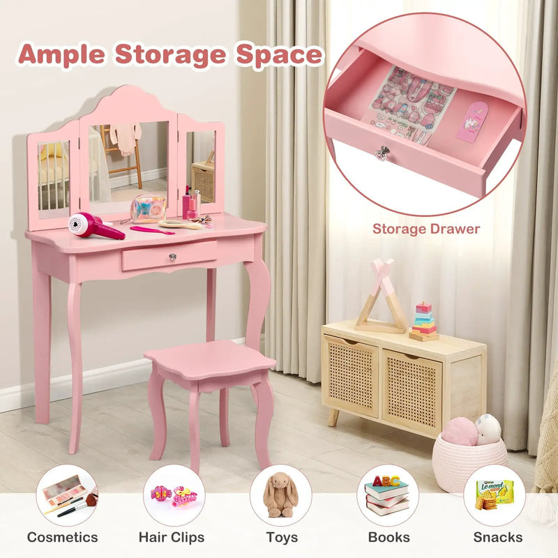 Kids Makeup Dressing Mirror Vanity Table Stool Set by DirectDeals