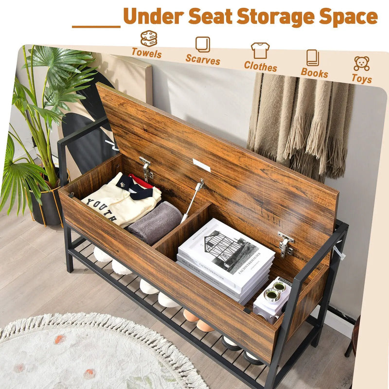 Industrial Shoe Bench with Storage Space and Metal Handrail-Rustic Brown by DirectDeals