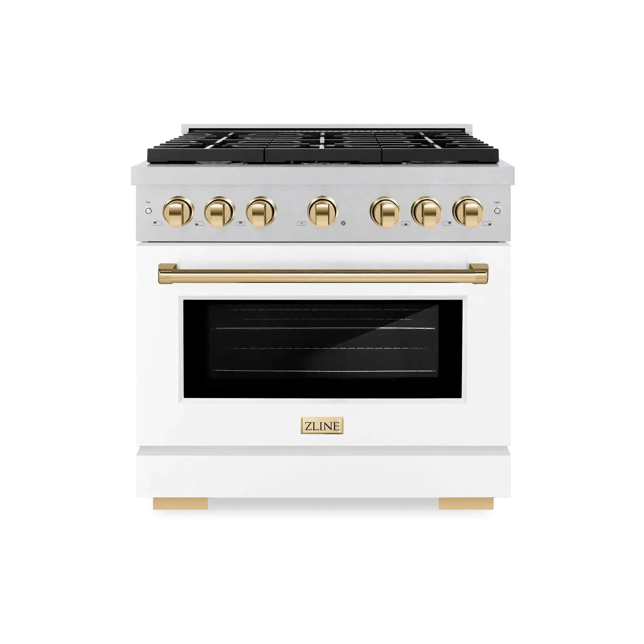 ZLINE 36"Paramount Dual Fuel Range DuraSnow® White Matte, Gold SDRSZ-WM-36-G by Farmhouse Kitchen and Bath