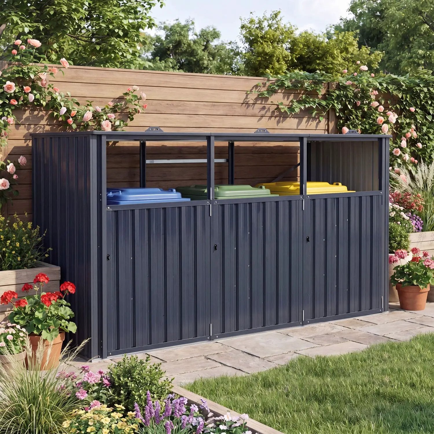 3-Bin Metal Trash Can Storage Shed with Flip-Up Lids for Yard by DirectDeals