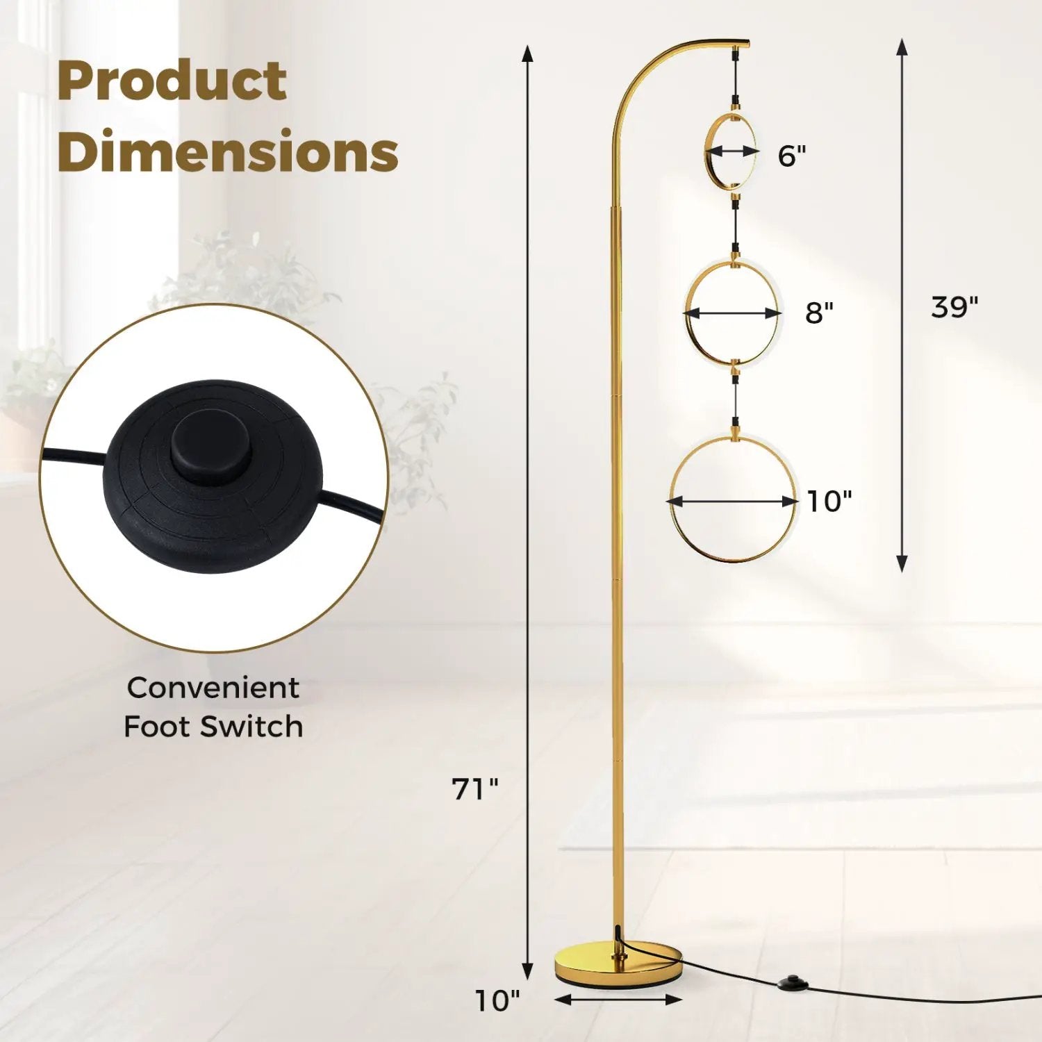 3-Circle Dimmable LED Floor Lamp with Foot Pedal Switch 3 Color Temperatures by DirectDeals