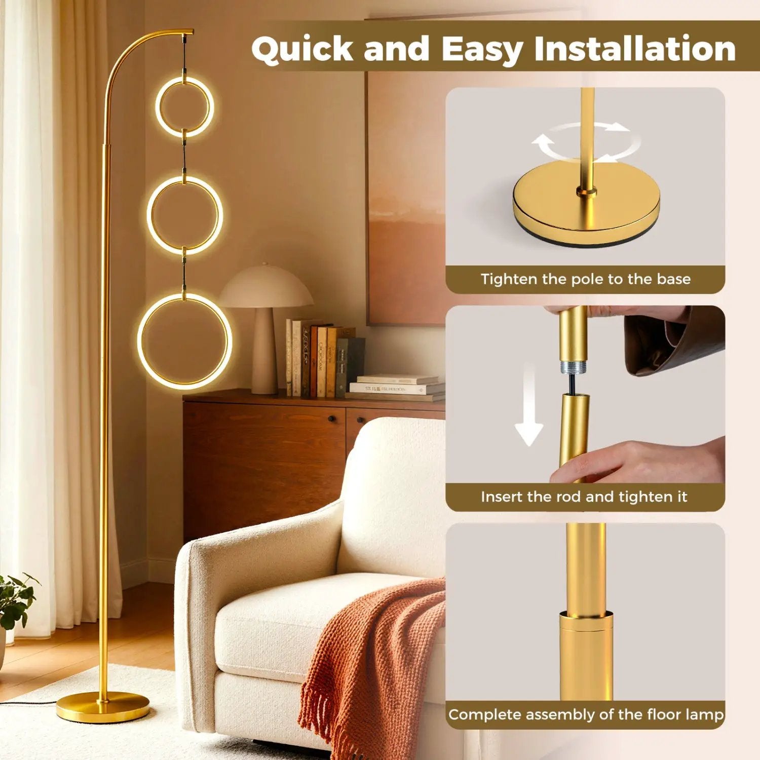3-Circle Dimmable LED Floor Lamp with Foot Pedal Switch 3 Color Temperatures by DirectDeals
