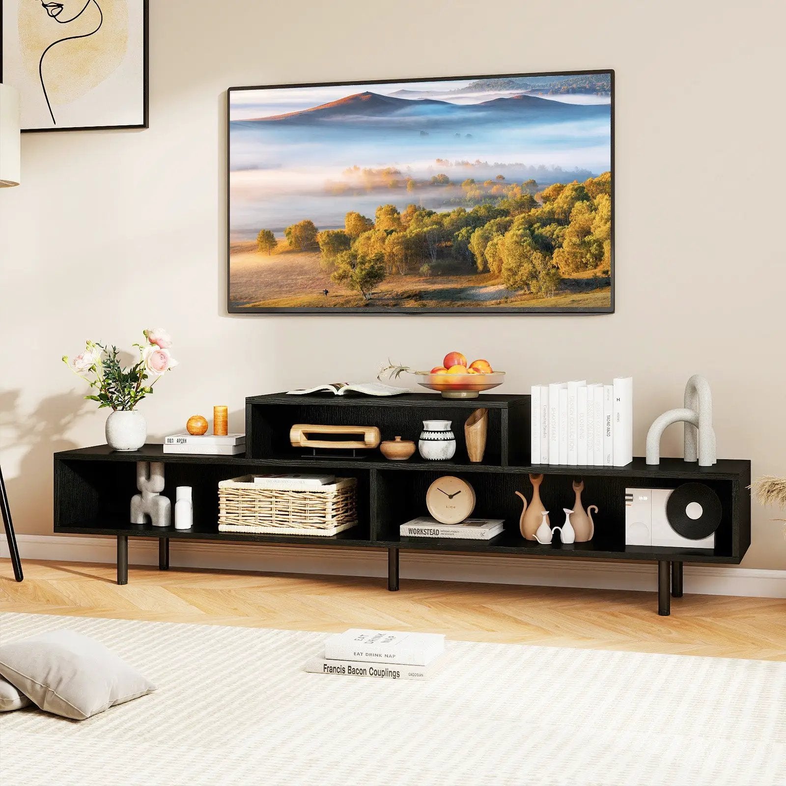 3 Cubby TV Stand for TVs up to 70 Inch with Open Storage Compartments by DirectDeals