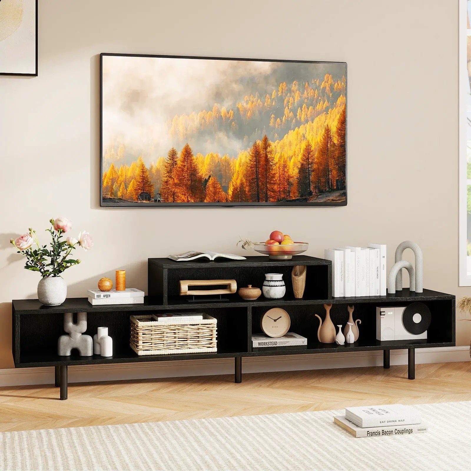 3 Cubby TV Stand for TVs up to 70 Inch with Open Storage Compartments by DirectDeals