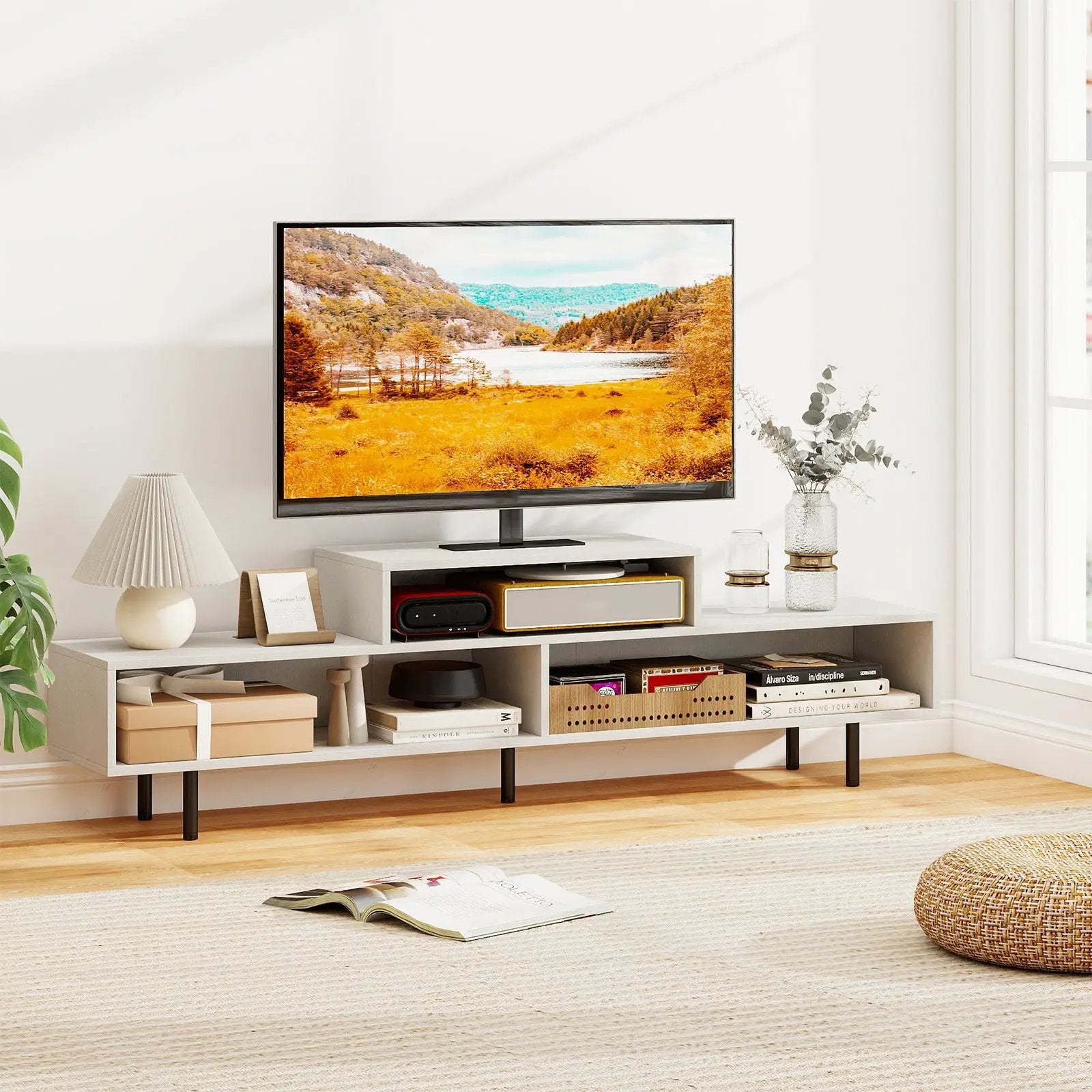 3 Cubby TV Stand for TVs up to 70 Inch with Open Storage Compartments by DirectDeals