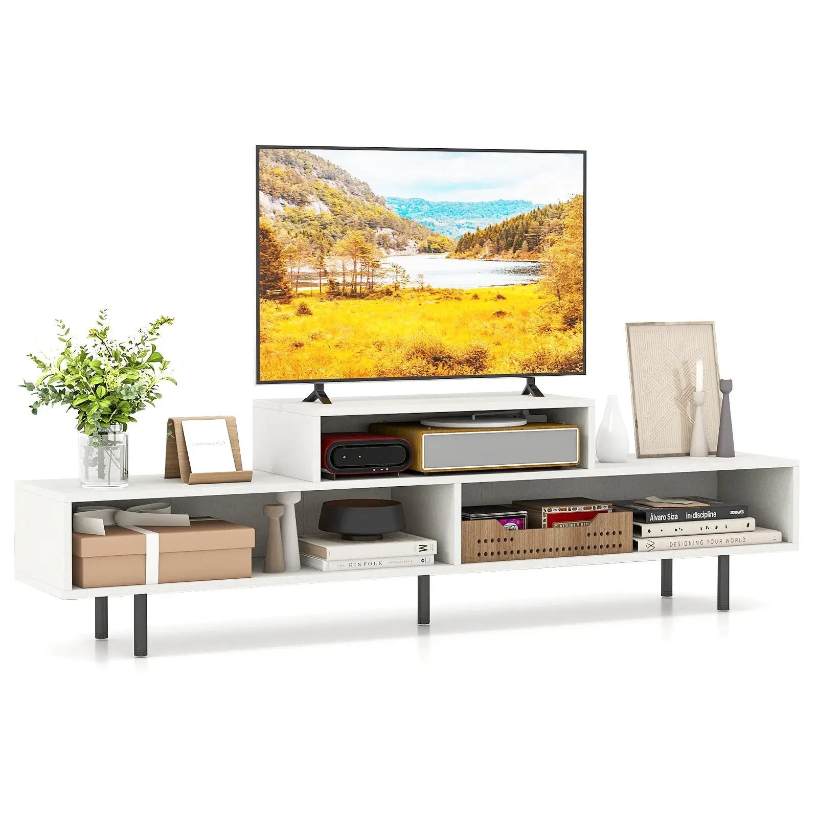 3 Cubby TV Stand for TVs up to 70 Inch with Open Storage Compartments by DirectDeals