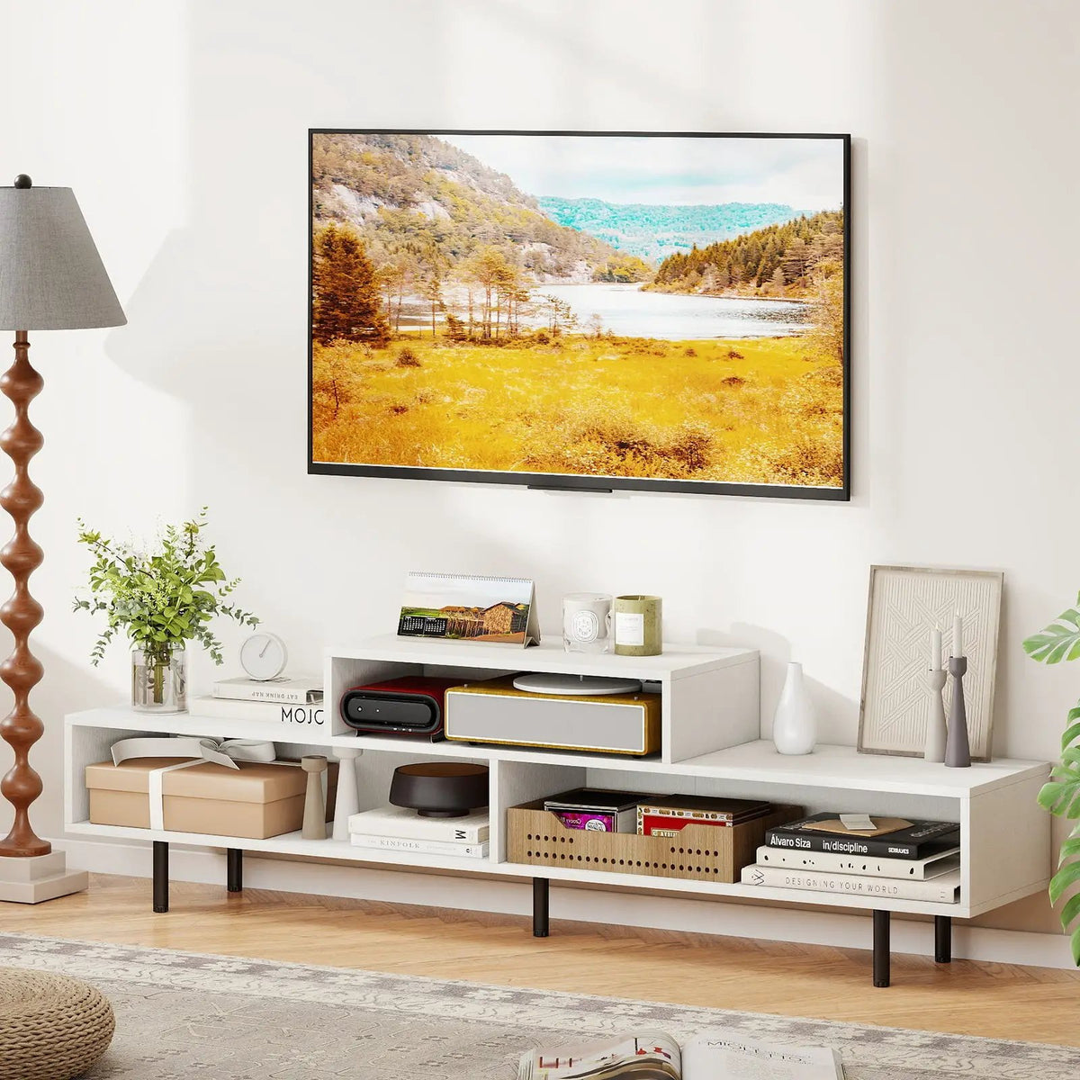 3 Cubby TV Stand for TVs up to 70 Inch with Open Storage Compartments, photo 16 of 24