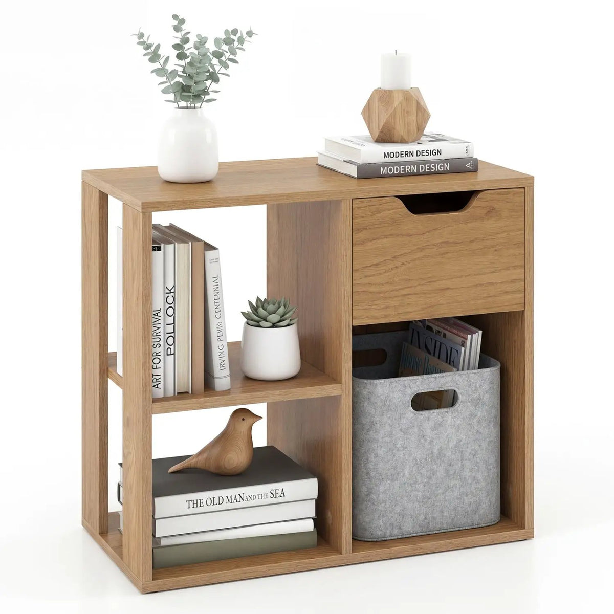 3-Cube Bookcase 2-tier Wooden Storage Shelf with Pull-out Drawer-Brown, photo 11 of 11