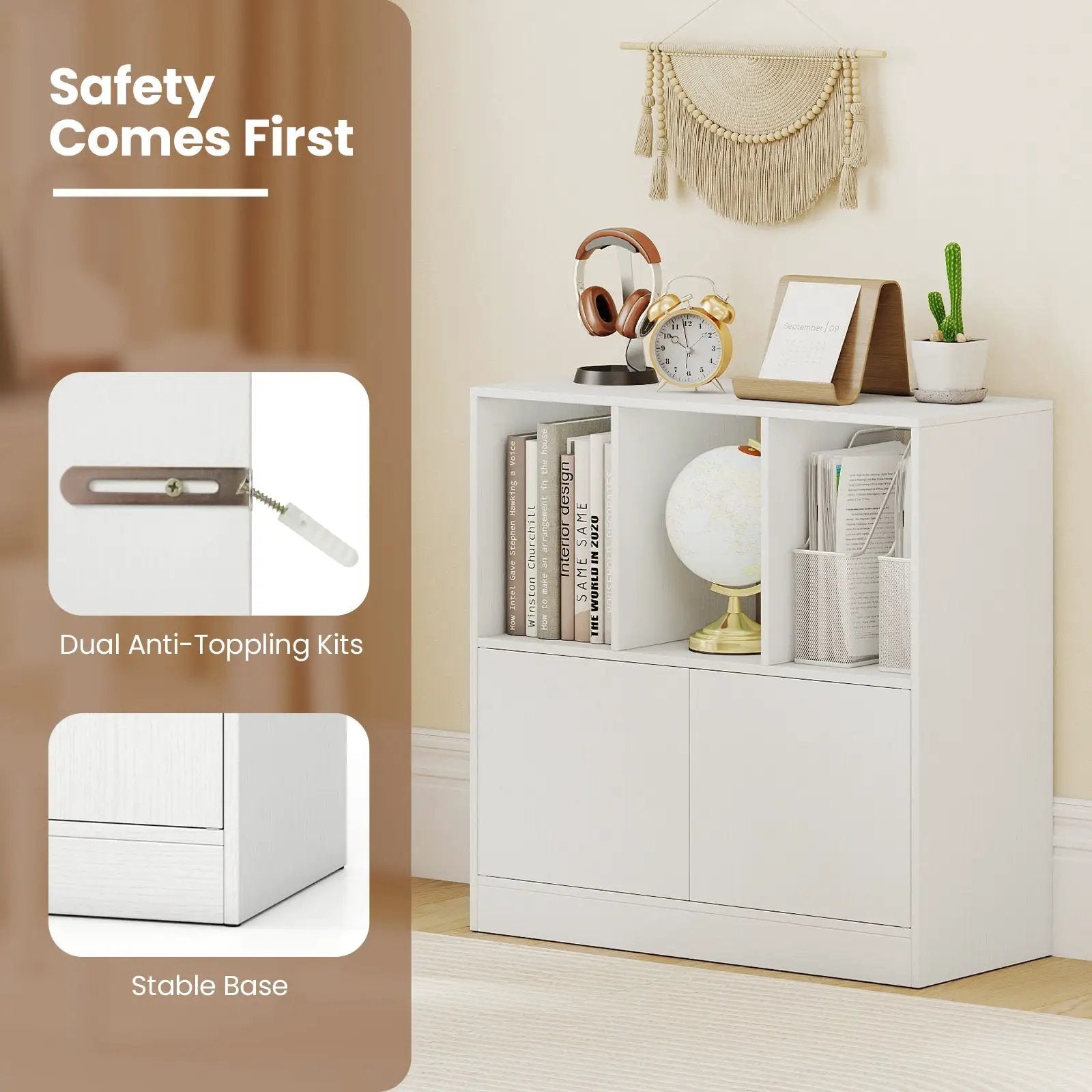 3-Cube Bookcase with Doors 3-Tier Cubic Bookshelf with Open Compartments and Cabinet by DirectDeals