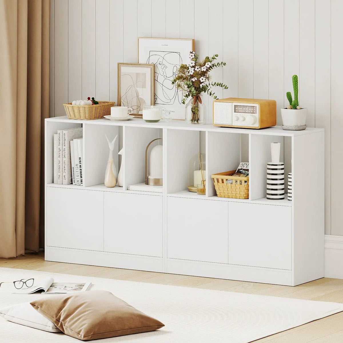 3-Cube Bookcase with Doors 3-Tier Cubic Bookshelf with Open Compartments and Cabinet, photo 13 of 16