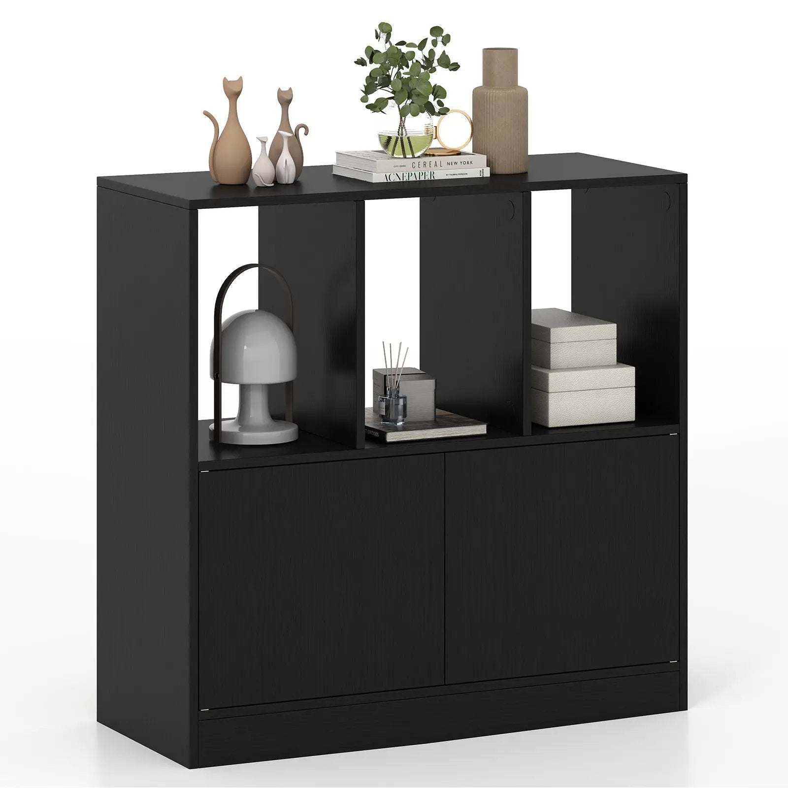 3-Cube Bookcase with Doors 3-Tier Cubic Bookshelf with Open Compartments and Cabinet by DirectDeals