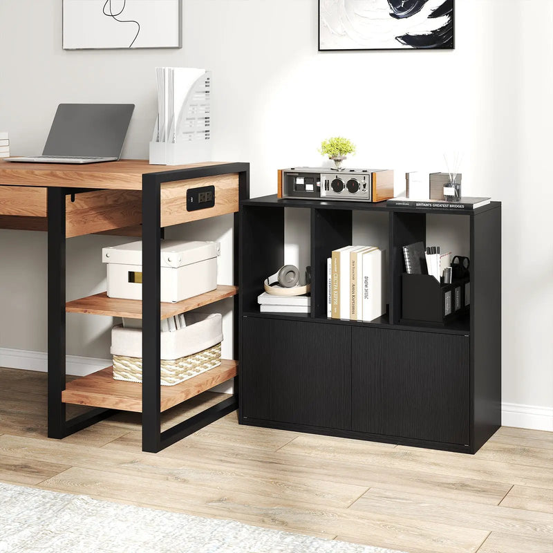 3-Cube Bookcase with Doors 3-Tier Cubic Bookshelf with Open Compartments and Cabinet by DirectDeals