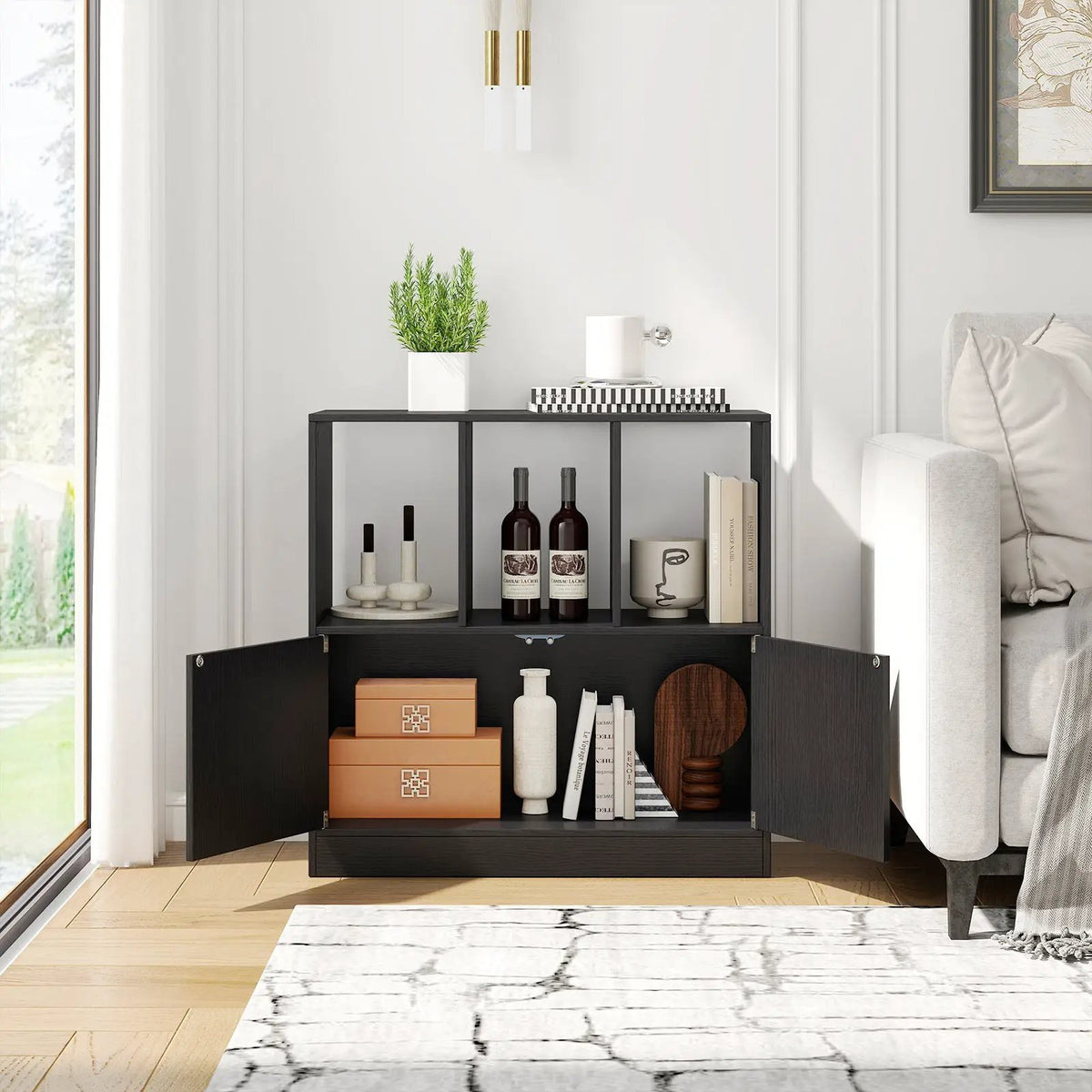3-Cube Bookcase with Doors 3-Tier Cubic Bookshelf with Open Compartments and Cabinet, photo 4 of 16