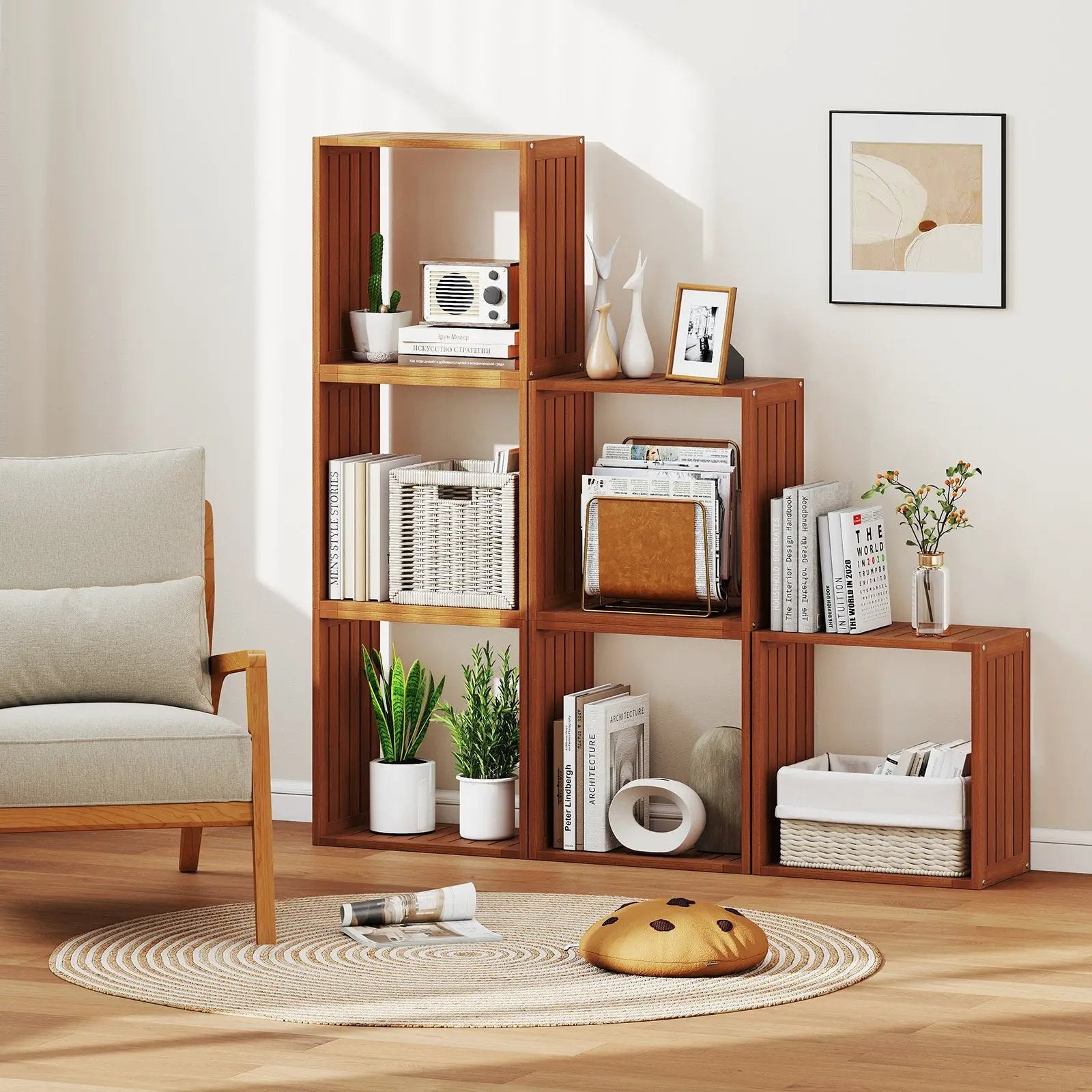3 Cube Bookcases Solid Wood Stacking Storage Organizers with Open Slatted Design by DirectDeals