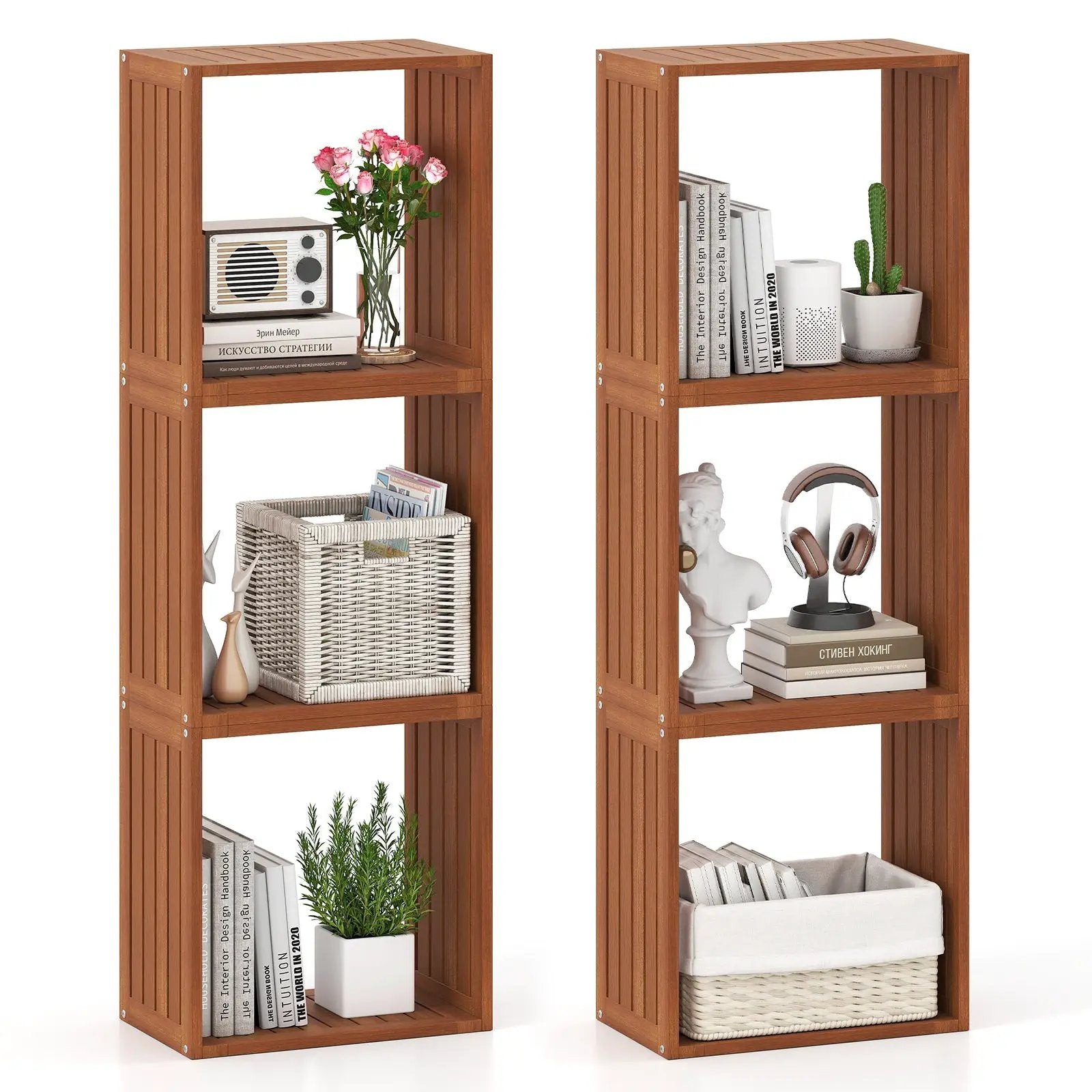3 Cube Bookcases Solid Wood Stacking Storage Organizers with Open Slatted Design by DirectDeals