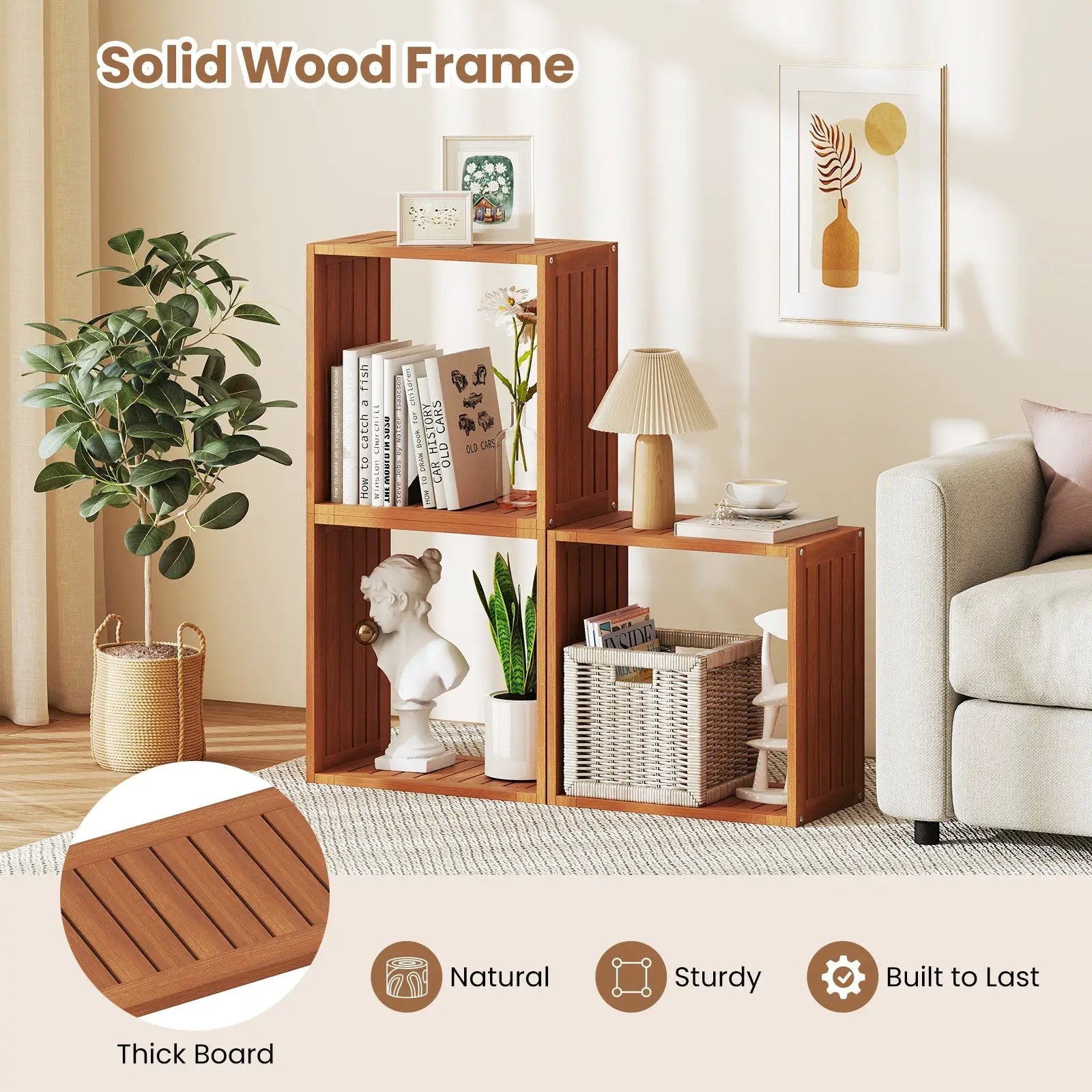 3 Cube Bookcases Solid Wood Stacking Storage Organizers with Open Slatted Design by DirectDeals