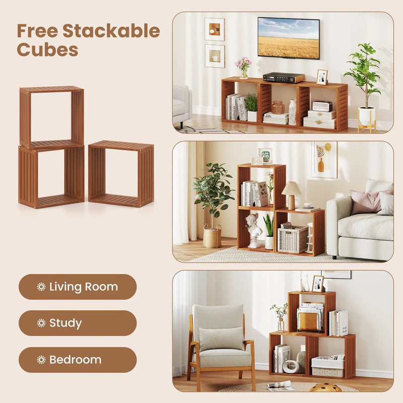3 Cube Bookcases Solid Wood Stacking Storage Organizers with Open Slatted Design by DirectDeals