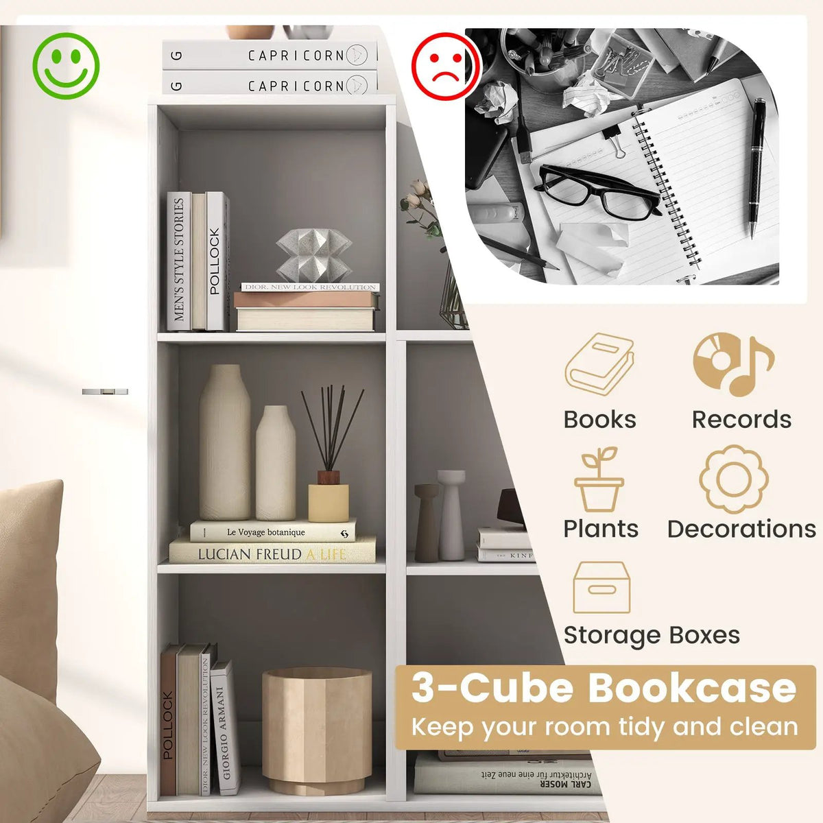 3 Cube Bookshelf with Back Guardrail for Living Room Bedroom, photo 7 of 11