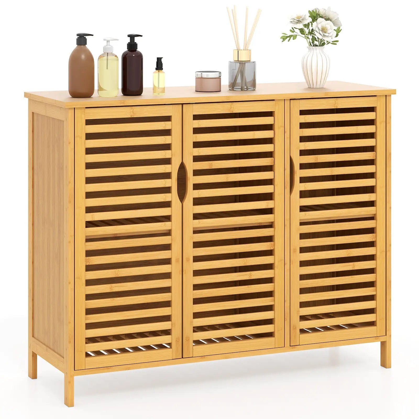 3-Door Bamboo Bathroom Cabinet with Shelves-Natural by DirectDeals