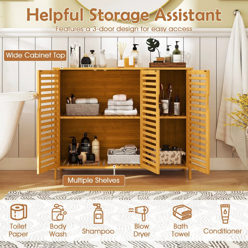 3-Door Bamboo Bathroom Cabinet with Shelves-Natural by DirectDeals