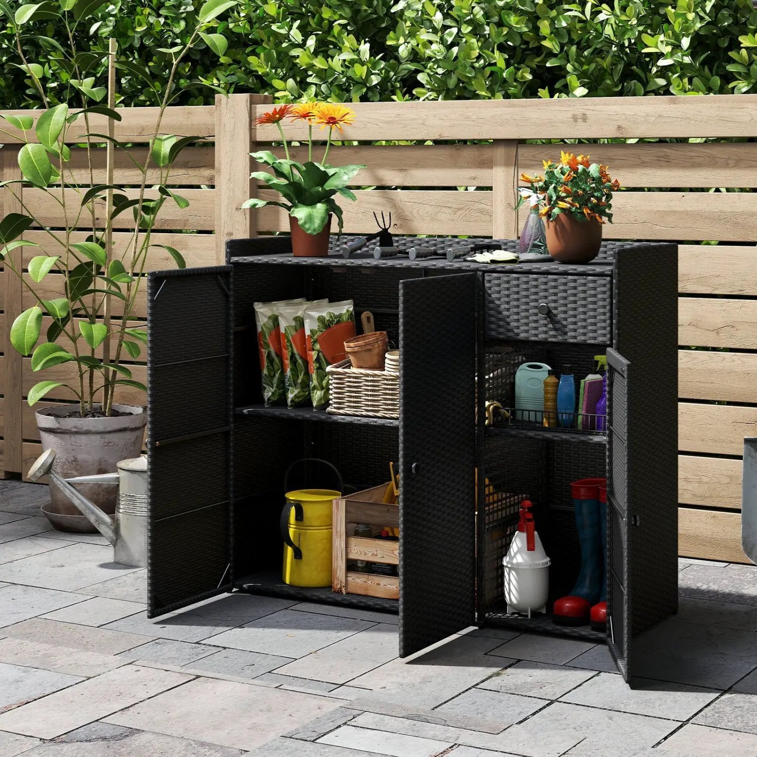 Outdoor PE Wicker Storage Cabinet with 3 Doors and Drawer by DirectDeals